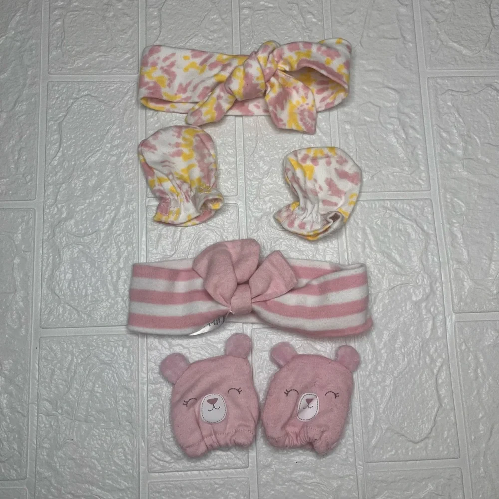 Baby Girl Headband and Scratch Mitten Sets, pink, Newborn - One Size